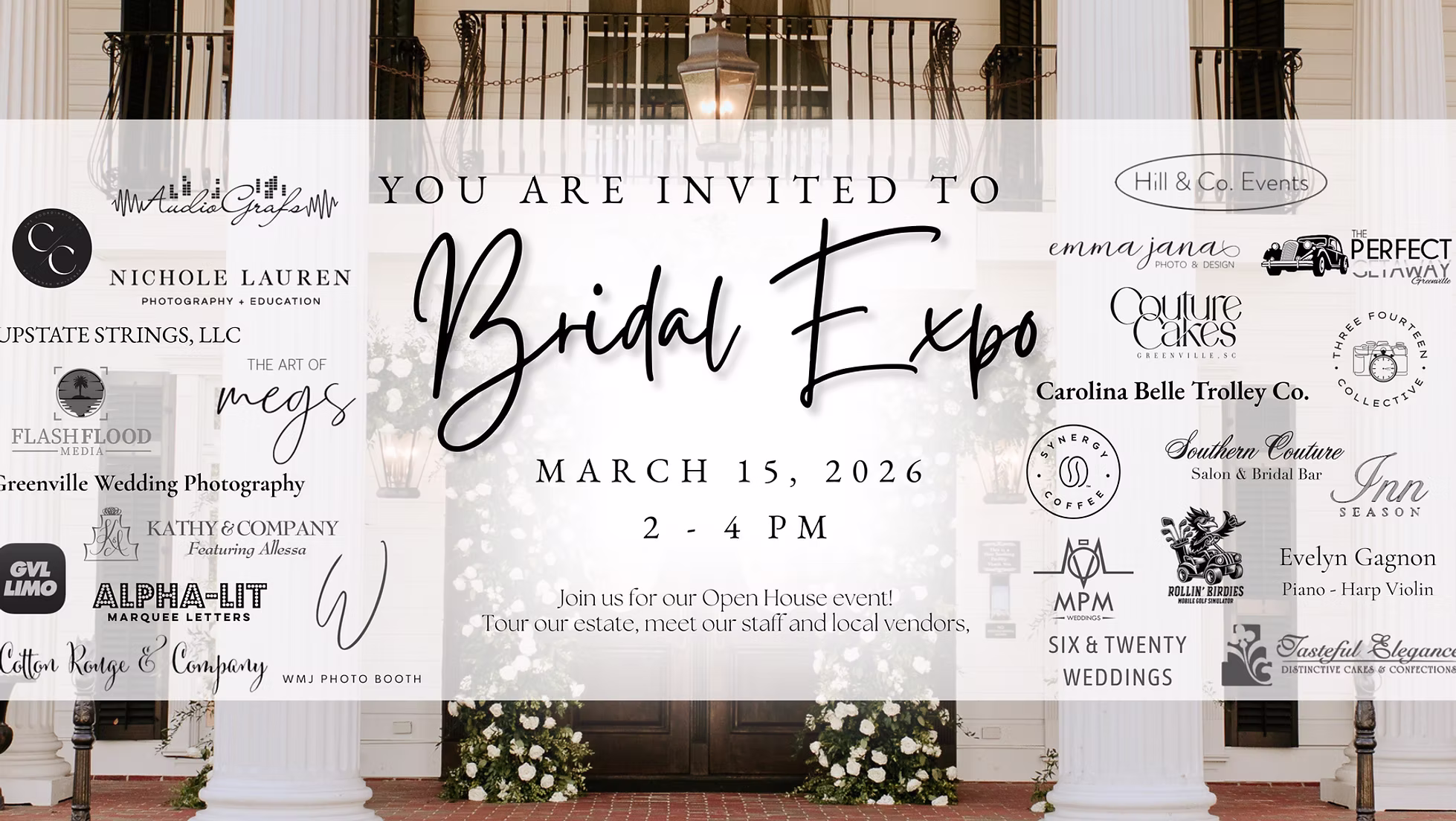Invitation to a Bridal Expo on March 15, 2026, with vendor logos and floral decor at an elegant entrance.