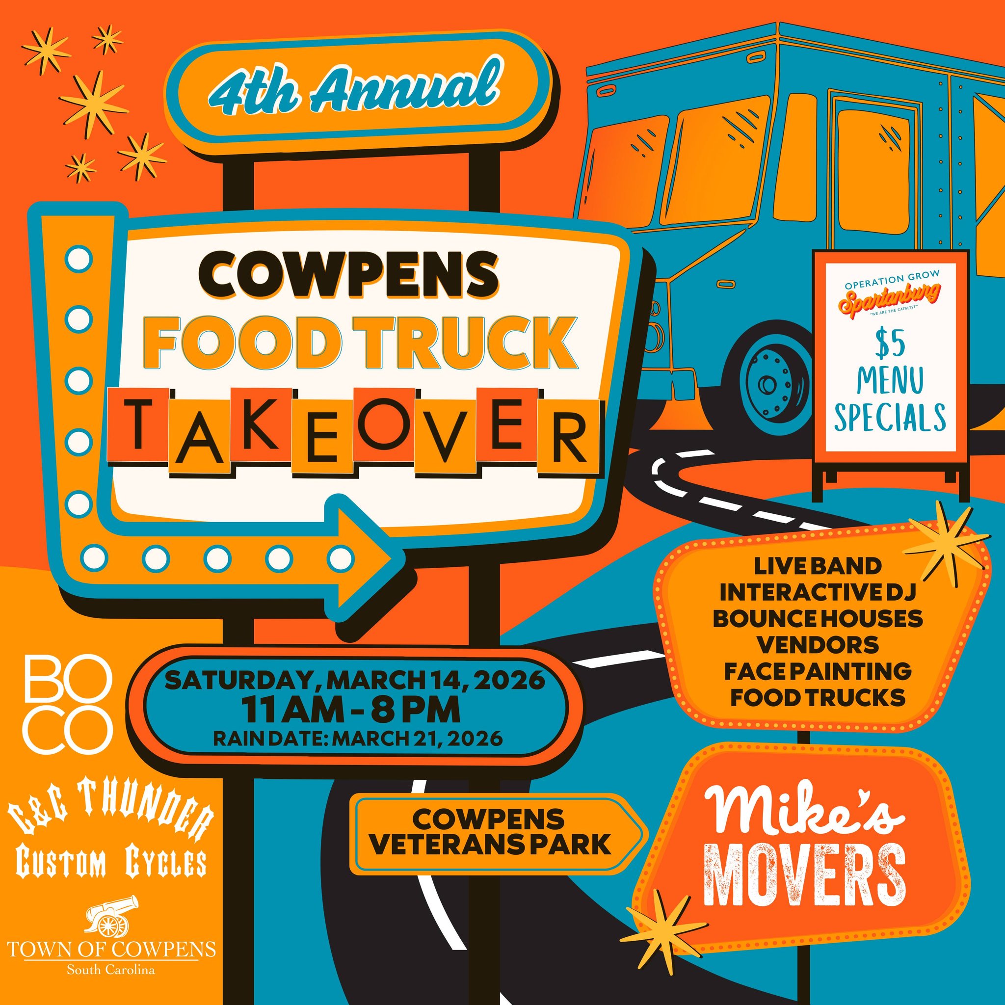 Colorful flyer for Cowpens Food Truck Takeover with event details, food truck, music, and sponsor logos.