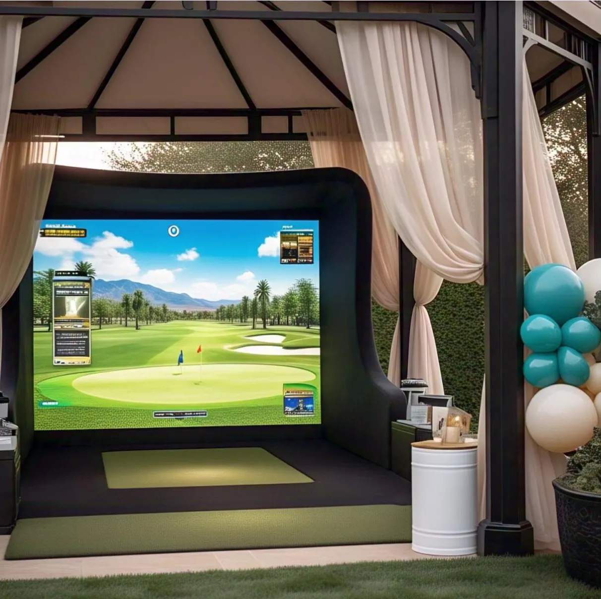 Outdoor golf simulator setup under a gazebo with balloons and curtains, showing a golf course on the screen.