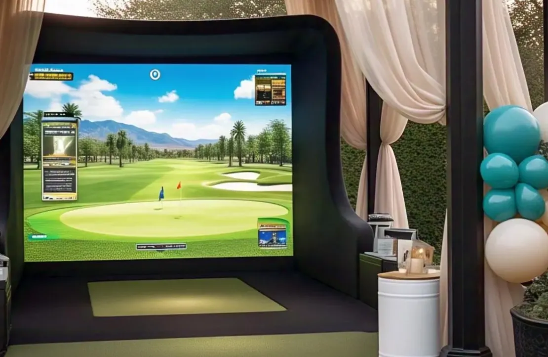 A golf simulator setup outdoors with a virtual golf course on the screen and balloons on the side.