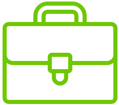 Green outline icon of a briefcase with a handle and clasp on a transparent background.
