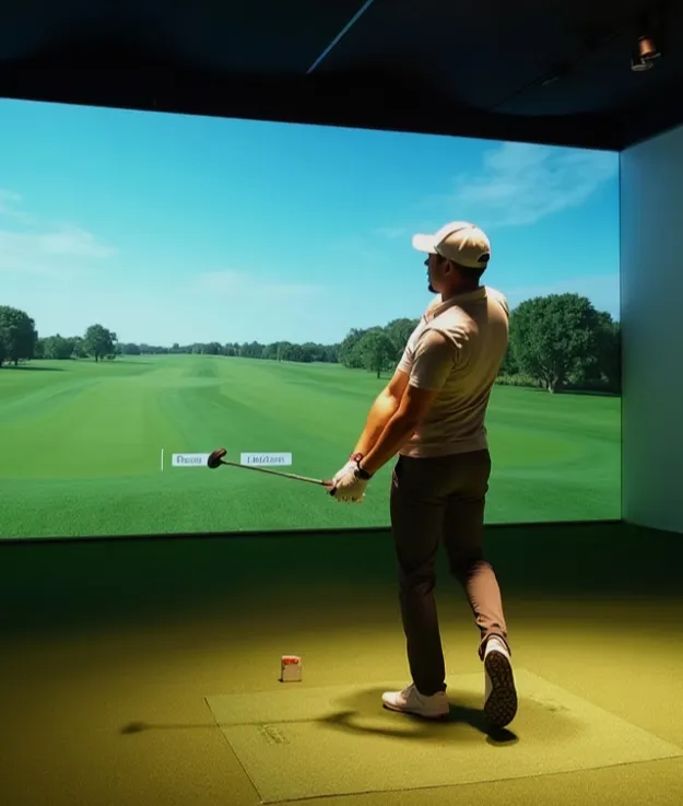 A man swings a golf club in front of a large virtual golf simulator screen showing a golf course.
