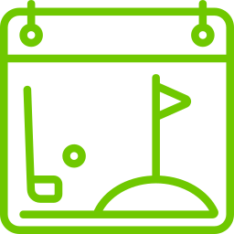 Green line drawing of a calendar with a golf club, ball, and hole with a flag, symbolizing a golf event.