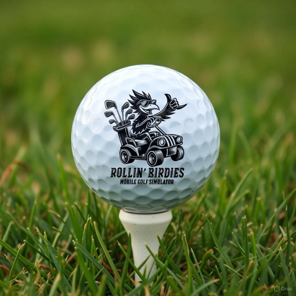 home-1 A golf ball with a cartoon bird in a golf cart and “ROLLIN’ BIRDIES MOBILE GOLF SIMULATOR” printed on it.