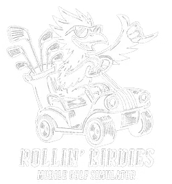 Cartoon bird in sunglasses driving a golf cart with clubs, text: "Rollin'' Birdies Mobile Golf Simulator.