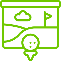 Green outline icon of a golf course with a flag, a cloud, and a golf ball on a tee in front.